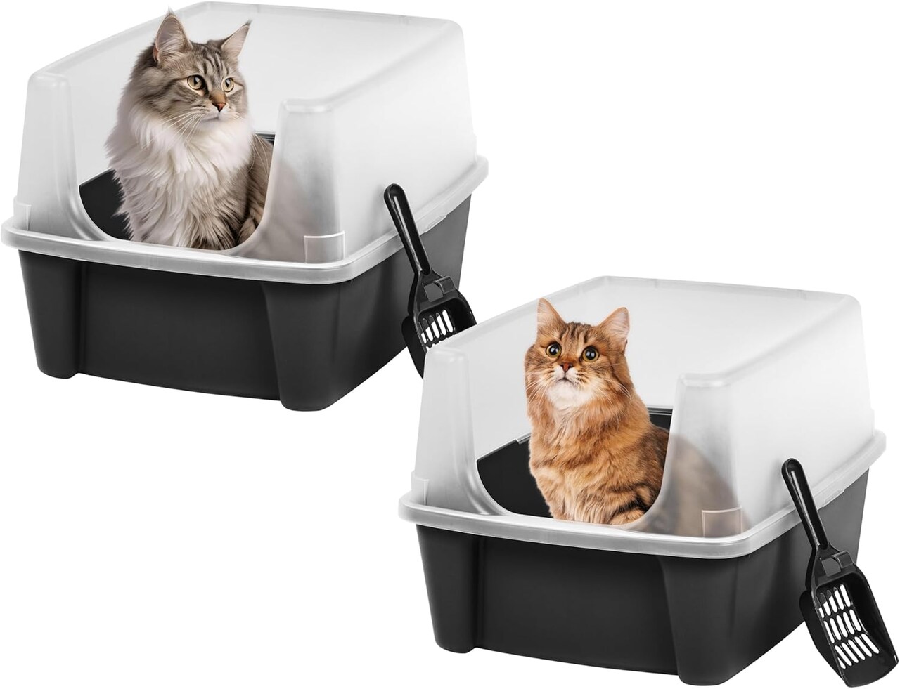 IRIS USA 2 Pack Large Cat Litter Boxes with Scatter Shield and Scoop, Open Top High Sided Cat Litter Pan, Black